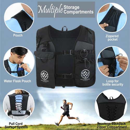 WildRidge Performance - Running Hydration Vest | Mens & WomensRunning Vest | Reflective Vest Running | 7 Pocket Storage with 17oz Flask |Secure Phone Holder | Adjustable Lightweight Black Neoprene.
