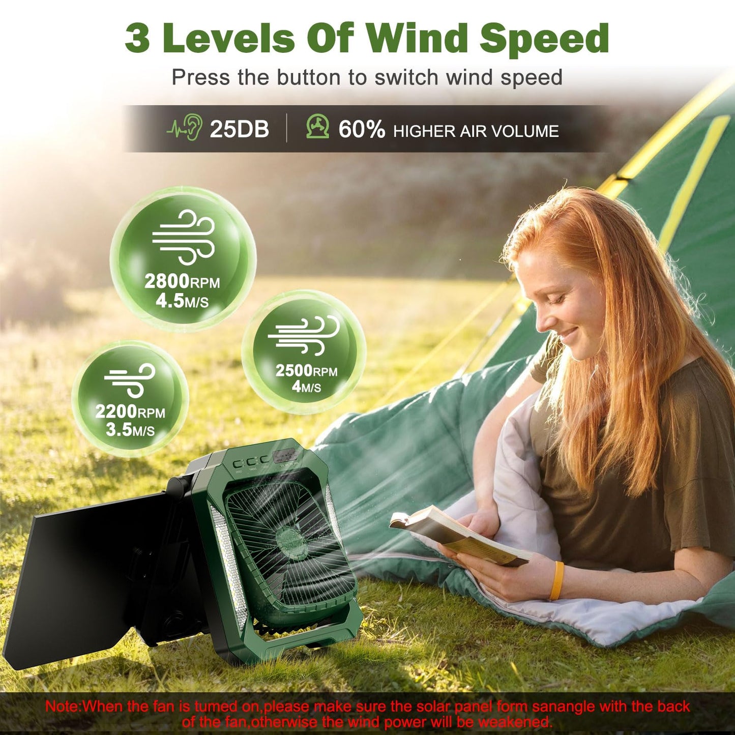 26800mAh Solar Battery Camping Fan, 3 Speeds Portable Fan with 18W Detachable Solar Panel, Rechargeable Desk Fan with LED Light & Timing Function, Outdoor Hurricane Tent Power Bank for Home Office