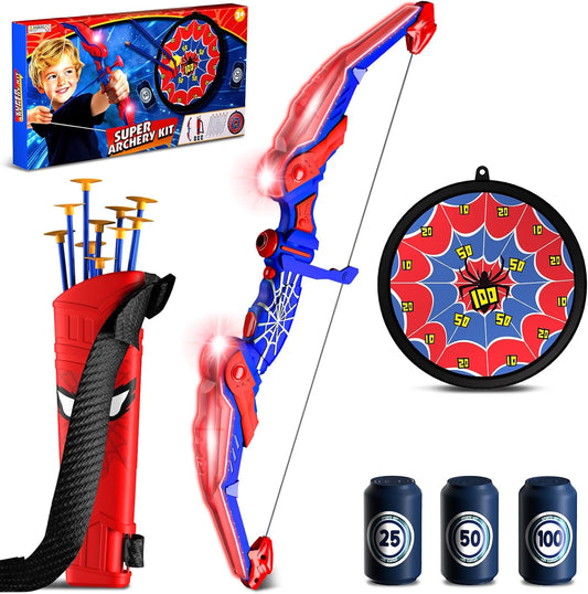 Kids Bow and Arrow Set, Led Light Up Bow and Arrow for Kids, Archery Set with Quiver & Web Target, 10 Suction Cup Arrows & Another 3 Target Cans, Outdoor Games for 4-6 8-12 Year Old Boys