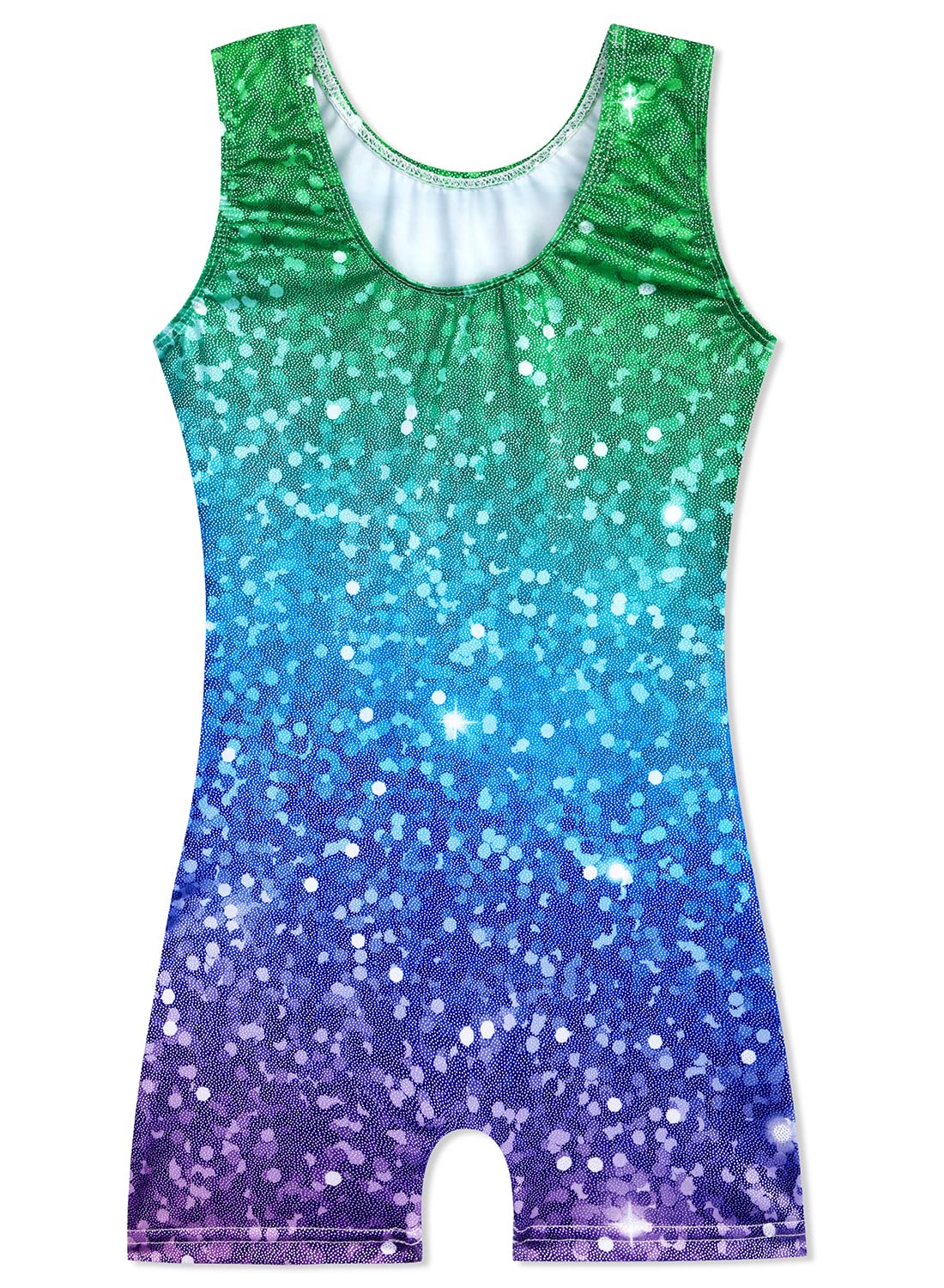 HOZIY Gymnastics Leotard with Shorts Sparkly Tumbling Outfits Biketard Teen Kids 9-10 Years Sleeveless Unitard Clothes Sparkle Blue Green Glitter