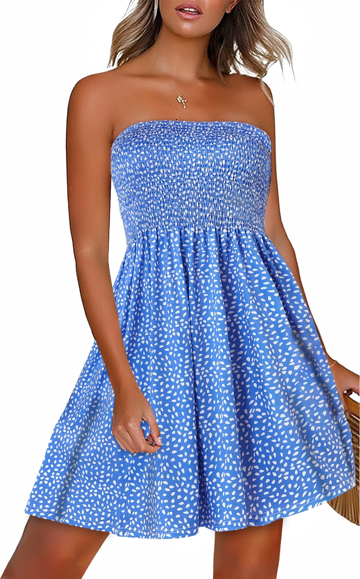 Sundresses for Women Casual Beach Summer Strapless Coverups Tube Tops Off The Shouder Dresses (Blue Polka dot,M)