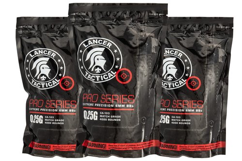 Lancer Tactical 0.25g White Seamless Polished Quality Airsoft BBS - Three Bags of 4,000 Rounds Each (Total 12,000 Rounds)