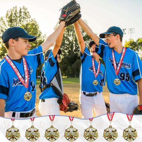 Ecation 12 Pcs Softball Medals 2 Inch T-Ball Team Medal Awards Softball Metal Medals Gold Baseball Sports Award Medals with Neck Ribbon for Kids(Softball)