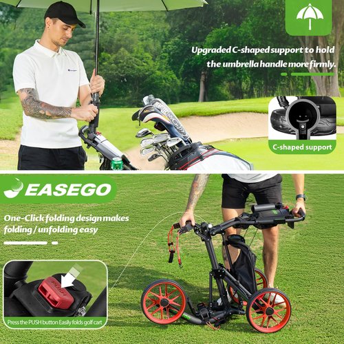 EASEGO Golf Push Cart 3 Wheel : Golf Bag Cart Foldable with Phone Holder/Cup/Umbrella Holder Compact Golf Pull Carts Quick Fold Golf Caddy Push Carts with Large Wheelbase for Different Terrain (red)