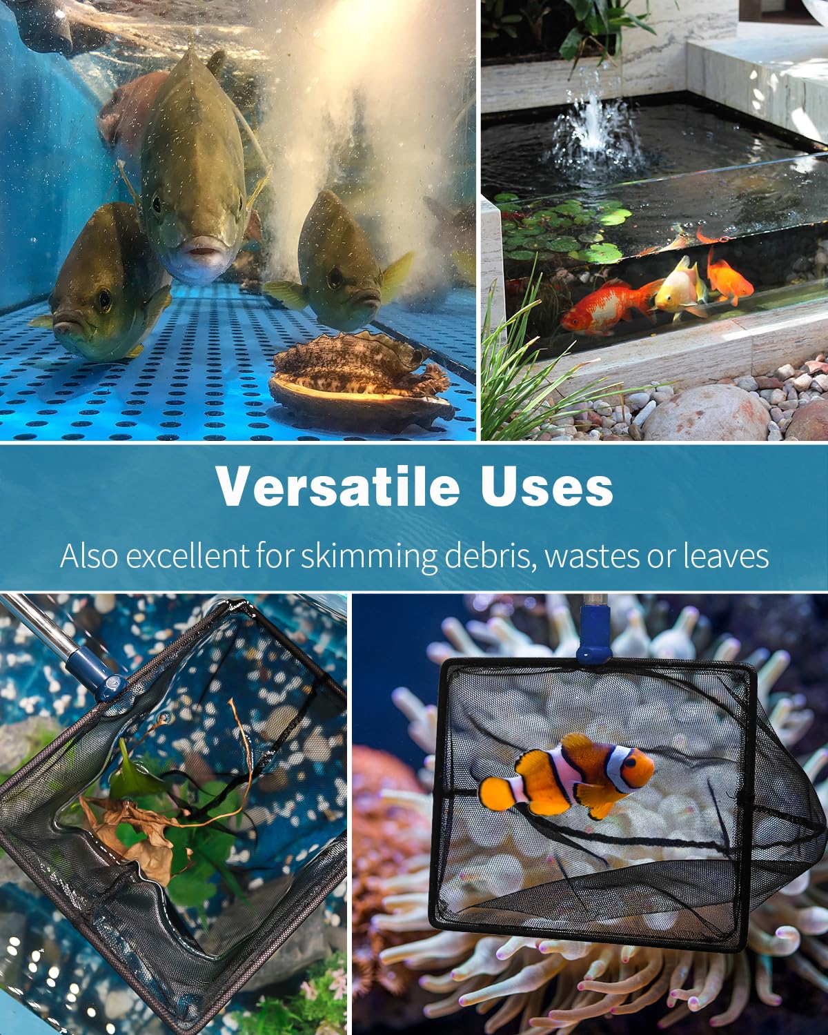 Pawfly Aquarium Fish Net with Telescopic Stainless Steel Handle 8 Inch Large Square Net with Soft Fine Mesh Sludge Food Residue Wastes Skimming Cleaning Net for Fish Tanks Small Koi Ponds and Pools