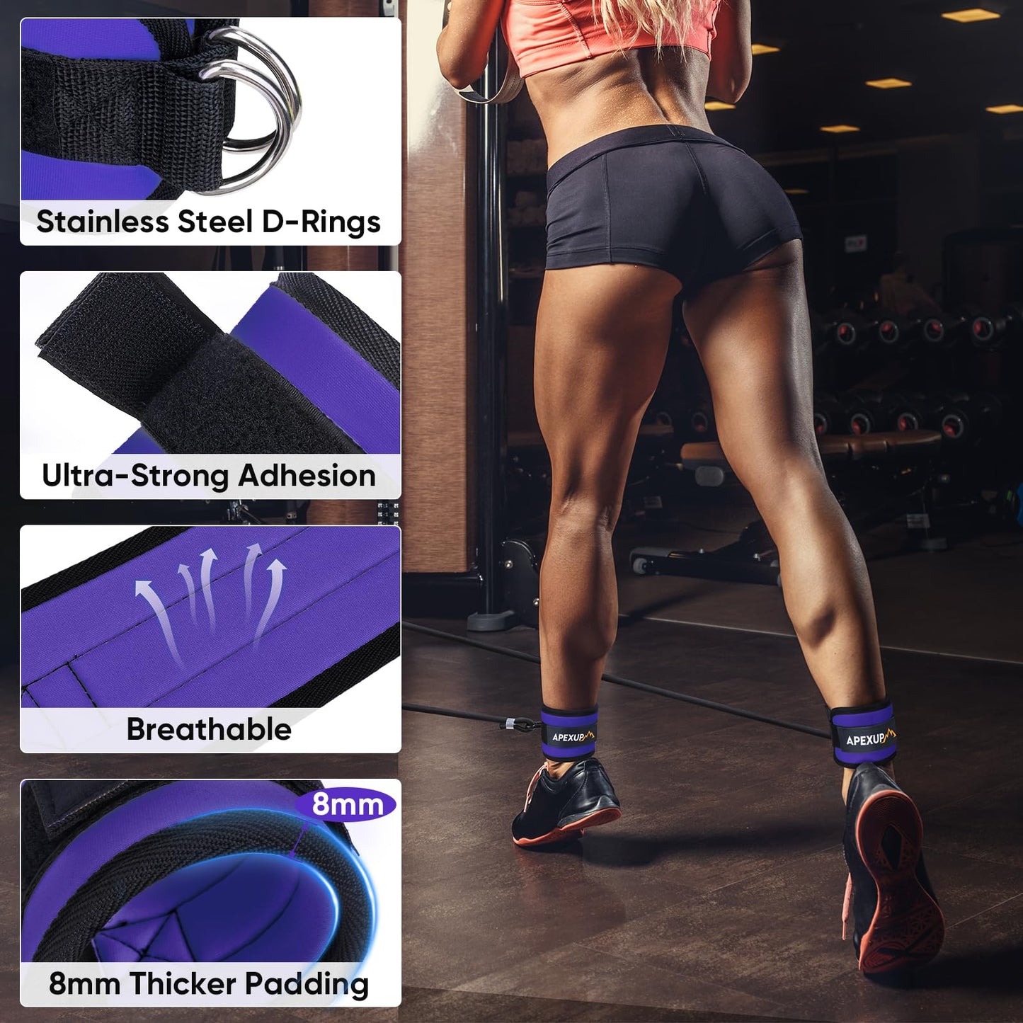 APEXUP Ankle Resistance Bands for Cable Machine, Cable Kick Back Ankle Straps for Gym, Glute Workouts, Leg Extensions, Adjustable Straps with Neoprene Padding (Single, Purple)