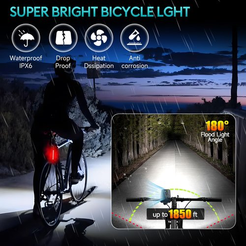 Upgrade Super Bright 6 LED Bike Light for Night Riding,6000 mAh Aluminum Rechargeable Bicycle Light,Runtime 48+hrs,10 Modes Waterproof Safety Bike Headlight Taillight for Outdoor Cycling,2000 LM