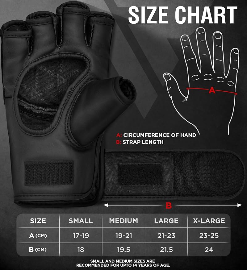 RDX MMA Gloves - Full Black+Large - Grappling, Muay Thai, Sparring, Leather