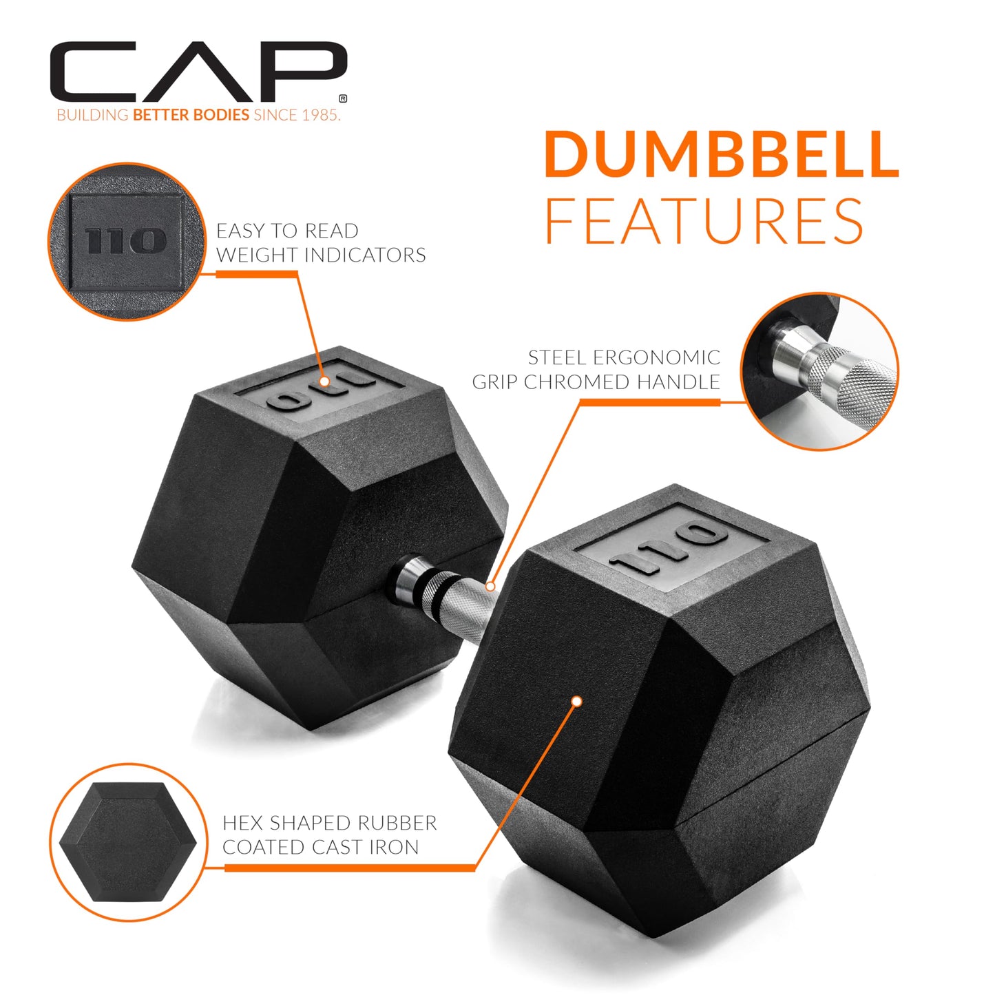CAP 110lb Rubber Coated Hex Dumbbell, Chrome Grip, Free Weights, Single