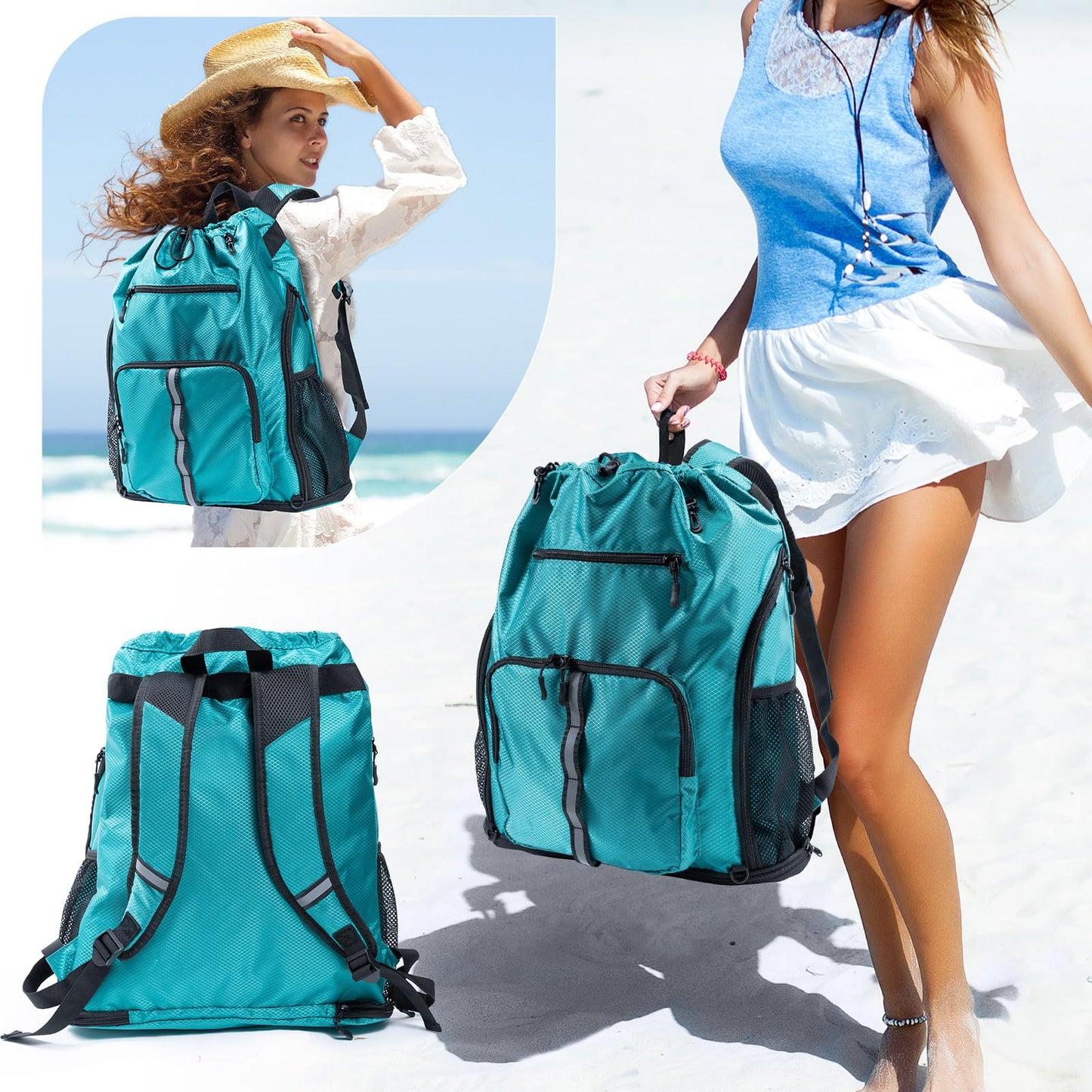 VIGEGARI Large Beach Backpack Waterproof Sandproof - Customized Oversized Drawstring Pool Bag with Shoe Compartment for Toiletries, Towels, Gym, Travel