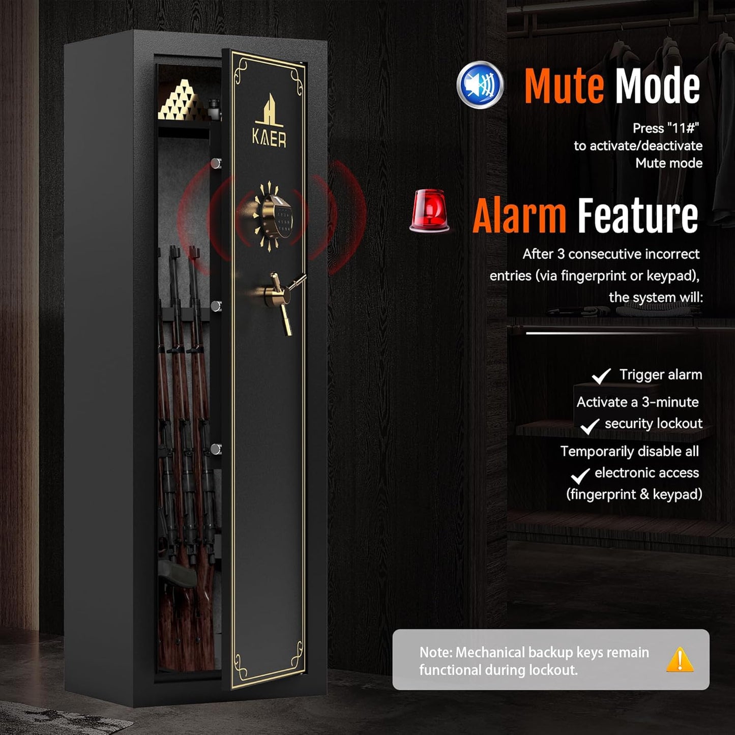 KAER 15 Biometric Gun Safe for Rifles and Pistols,Gun Cabinet with Fingerprint/Keypad/Key Access,Rifle Safe with Removable Shelf and Pistol Pocket.[No Assembly Required]