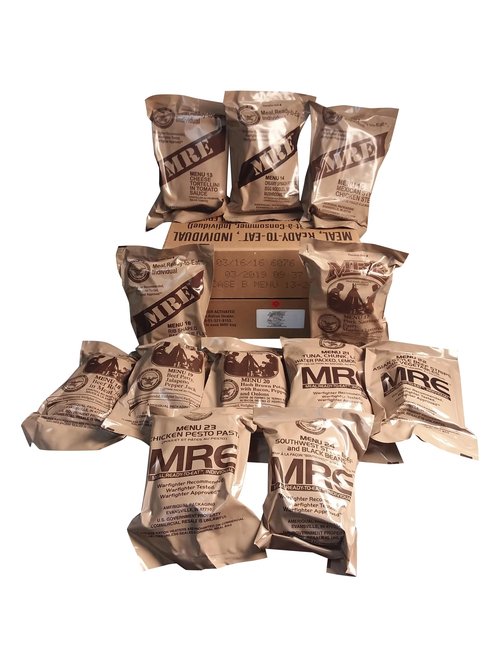 Meals Ready to Eat A and B bundle cases 2025, 2026 inspection. Genuine Military US surplus emergency food bulk supply full box with heater