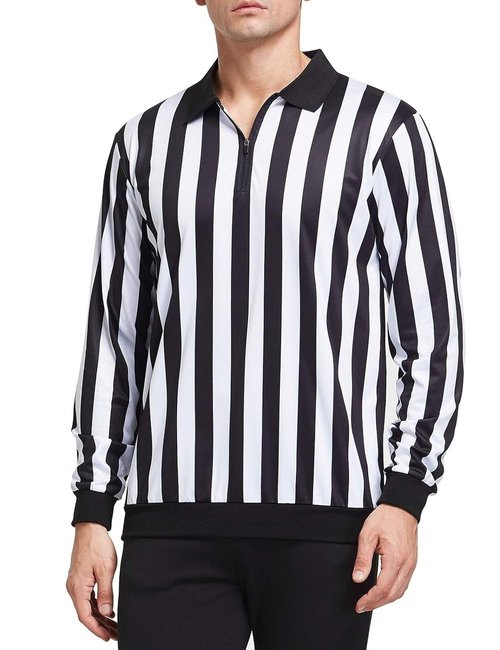 FitsT4 Sports Men's Official Black & White Stripe Referee Shirt Zipper Collared Long Sleeve Umpire Jersey Costume Pro Ref Uniform for Soccer Basketball Football Cosplay