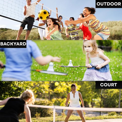 Ace Birdies Complete Badminton Sets (10FT/17FT) Adjustable Width, Adjustable Height (2.8/5.1/7.4FT), Badminton Pickleball Volleyball Set with Net, 4Racket+4Paddels+Volleyball for Outdoor Family Game.