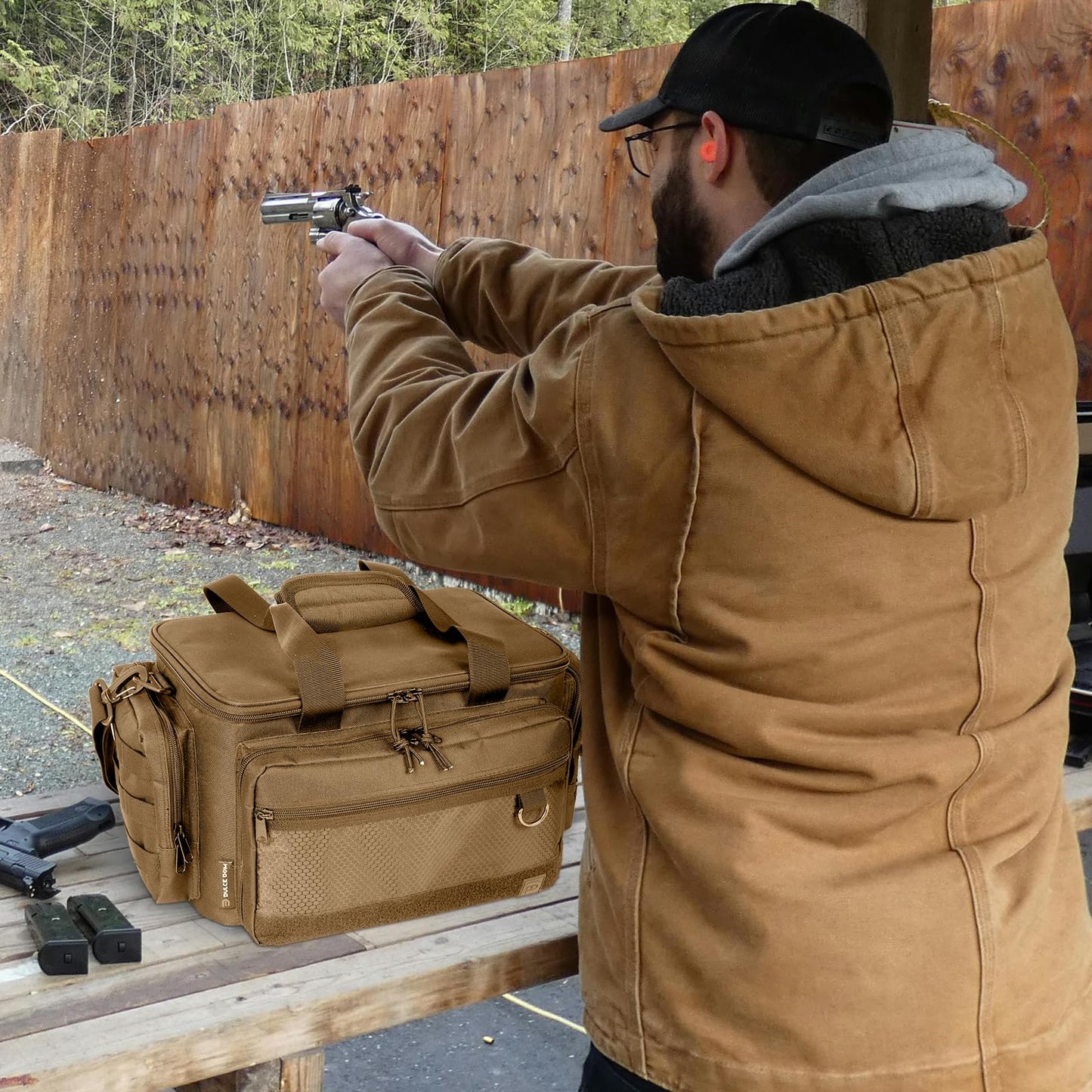 DULCE DOM Tactical Gun Range Bag for Handguns & Pistols - Lockable Compartment, Ammo Storage, Magazine Slots, Durable Range Essentials Bag (KHAKI)