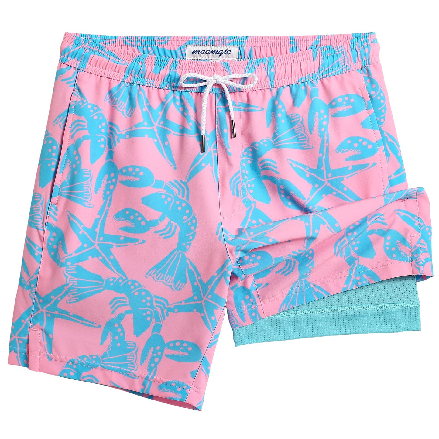 maamgic Mens Swim Trunks with Compression Liner 7 Inch Inseam Mens Bathing Suit Quick Dry Swimming Trunks Swimsuit Starfish Pink Green X-Large