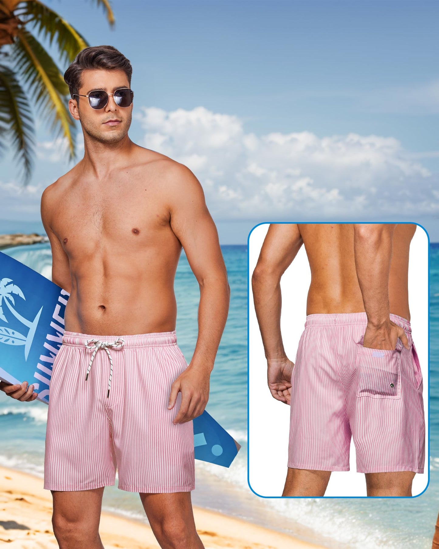 Gleeease Mens Beach Shorts Men's Bathing Suits with Mesh Liner Pockets Drawstring Quick Dry Stretch Lined Funny Beach Swimming Pool Surf Pink Striped Medium Swim Trunks