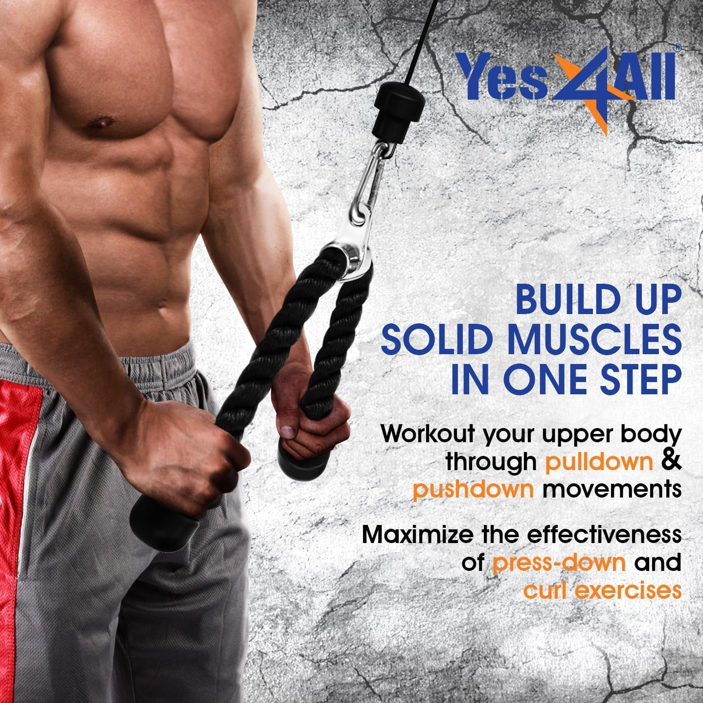 Yes4All Combo Tricep Rope & Single D-Handle for Cable Machine – Chrome D-Handle Cable Attachment – Tricep Rope Pull Down