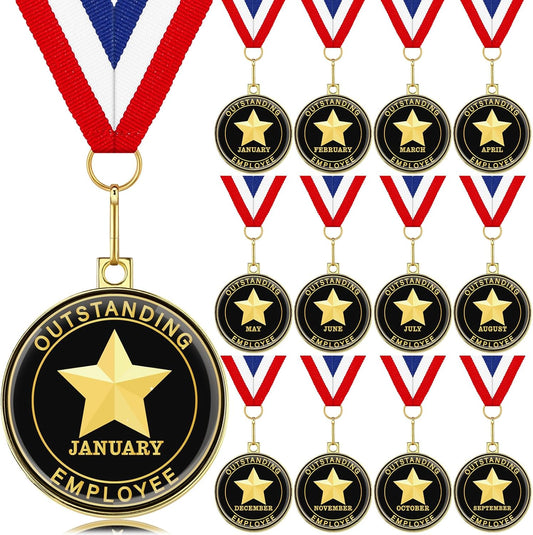 12 Pcs Employee of the Month Medal with Neck Ribbons You Make a Difference Award Medals Employee Appreciation Gifts 1-12 Month Gold Enamel Star Recognition for Coworker Team Staff Retirement Reward