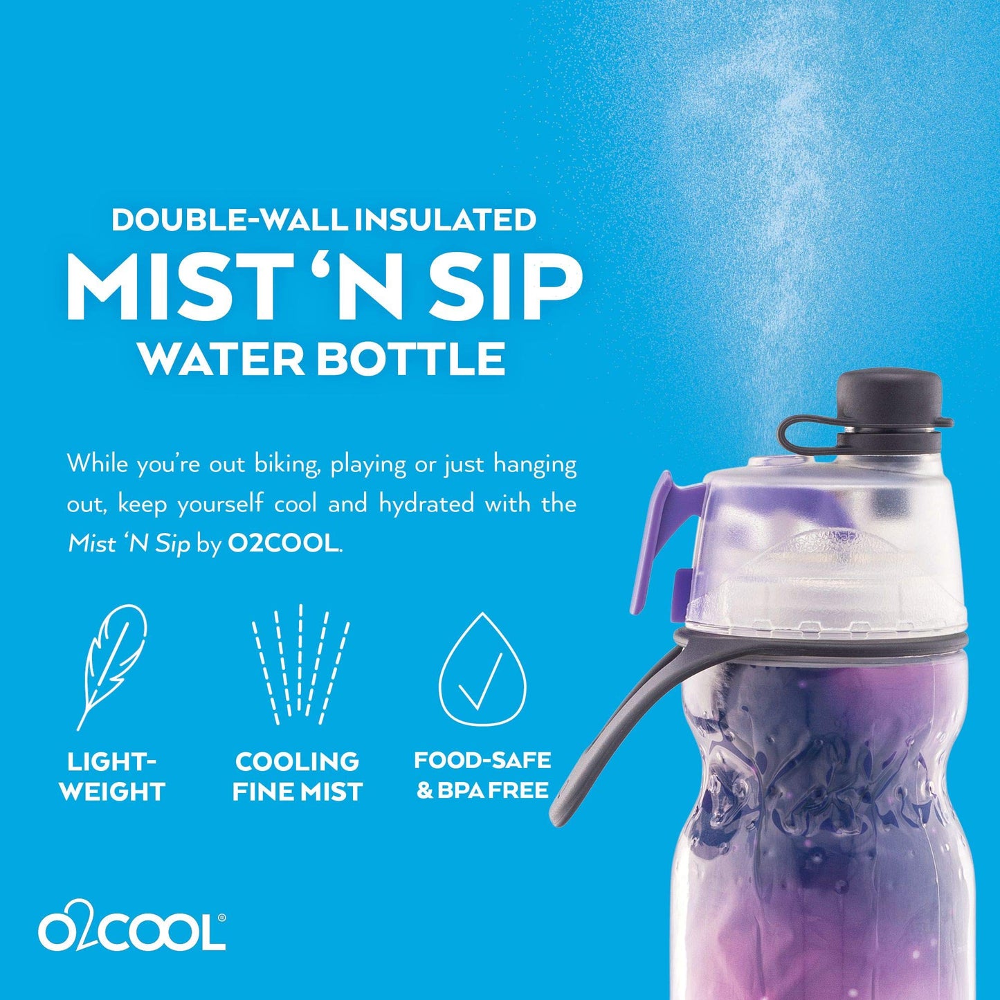 O2COOL Mist 'N Sip Misting Water Bottle 2-in-1 Mist And Sip Function With No Leak Pull Top Spout Reusable Sports Water Bottle - 20 oz (Celestial Purple)