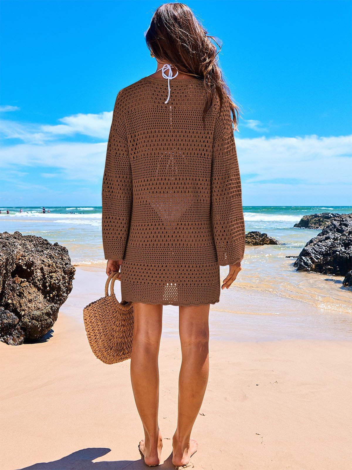 ANRABESS Women Swimsuit Crochet Swim Cover Up 2026 Summer Bathing Suit Swimwear Mesh Knit Beach Dress Vacation Outfits Brown XX-Large