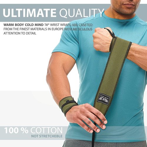 WARM BODY COLD MIND - Premium Cotton Weight Lifting Wrist Wraps for Cross Training, Powerlifting, Deadlift, Weightlifting, Gym, Wrist Straps, Workout, Fitness, Heavy-Duty Suppor (Military)