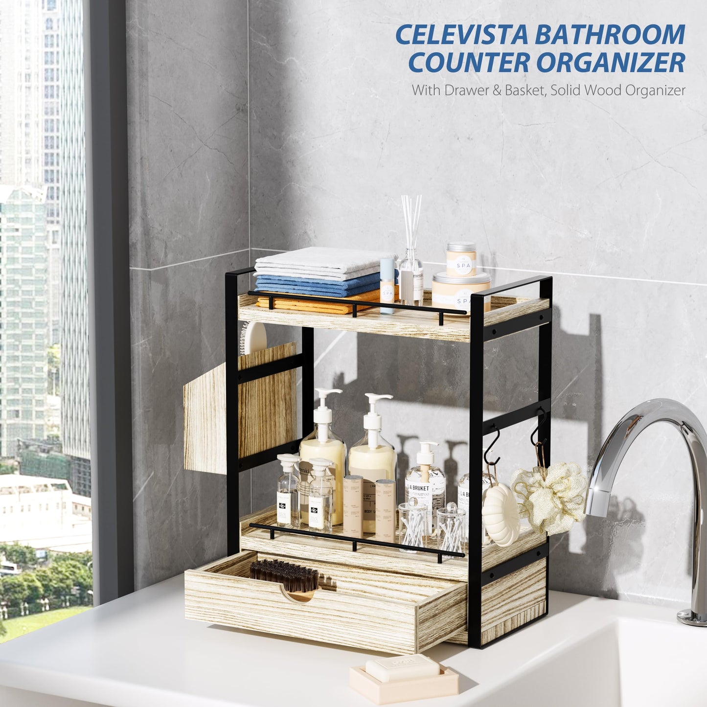 CeleVista 2-Tier Wood Bathroom Counter Organizer, Countertop Organizer with Drawer and Storage Basket, Bathroom Sink Organizer for Vanity, Skincare, Makeup, and Daily Essentials (Light Brown)