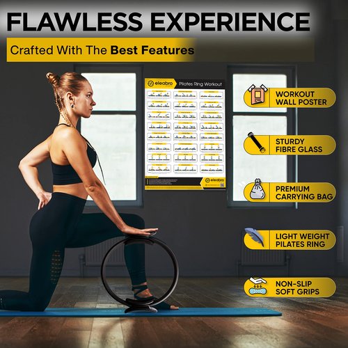 eleabro Sports 13 inch Pilates Ring Circle - Magic Circle with A1 Size Workout Poster, Yoga Ring Fitness Ring with Soft Handles, Inner Thigh Exercise Equipment for Home Workouts - (Black)