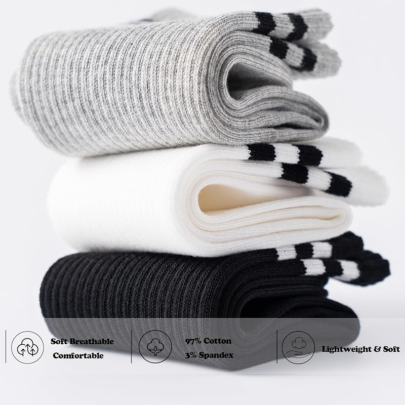 Women's Crew Socks – 4-Pack Cotton Athletic Socks with Stripes (Black) – 9-12, 4-pairs