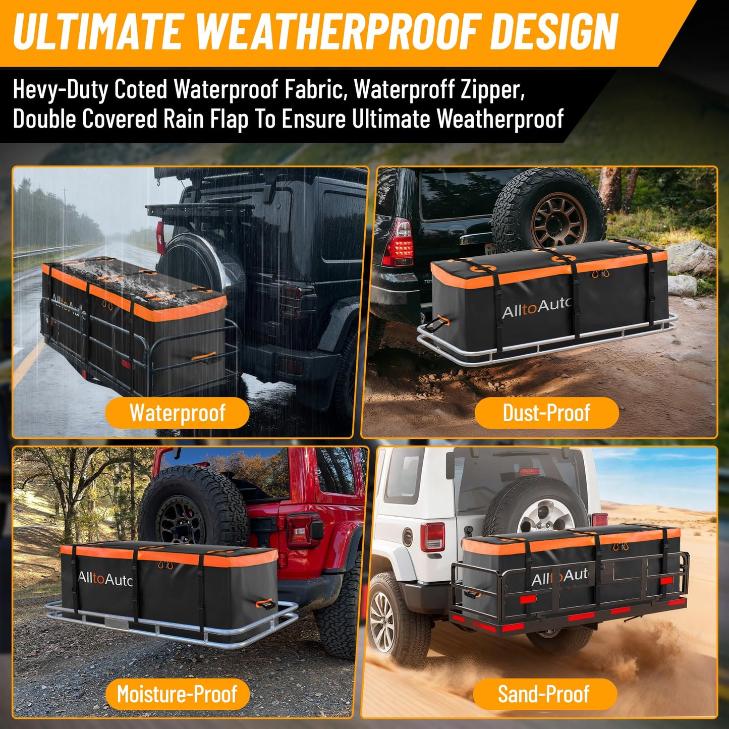 AlltoAuto 25 CuFt Waterproof Cargo Bag for Hitch Carrier | 60"x24"x31" Trailer Hitch Cargo Carrier | Weatherproof Truck Bed Storage with Straps, Lock & Carry Case | PVC Vehicle Soft-Shell Carriers