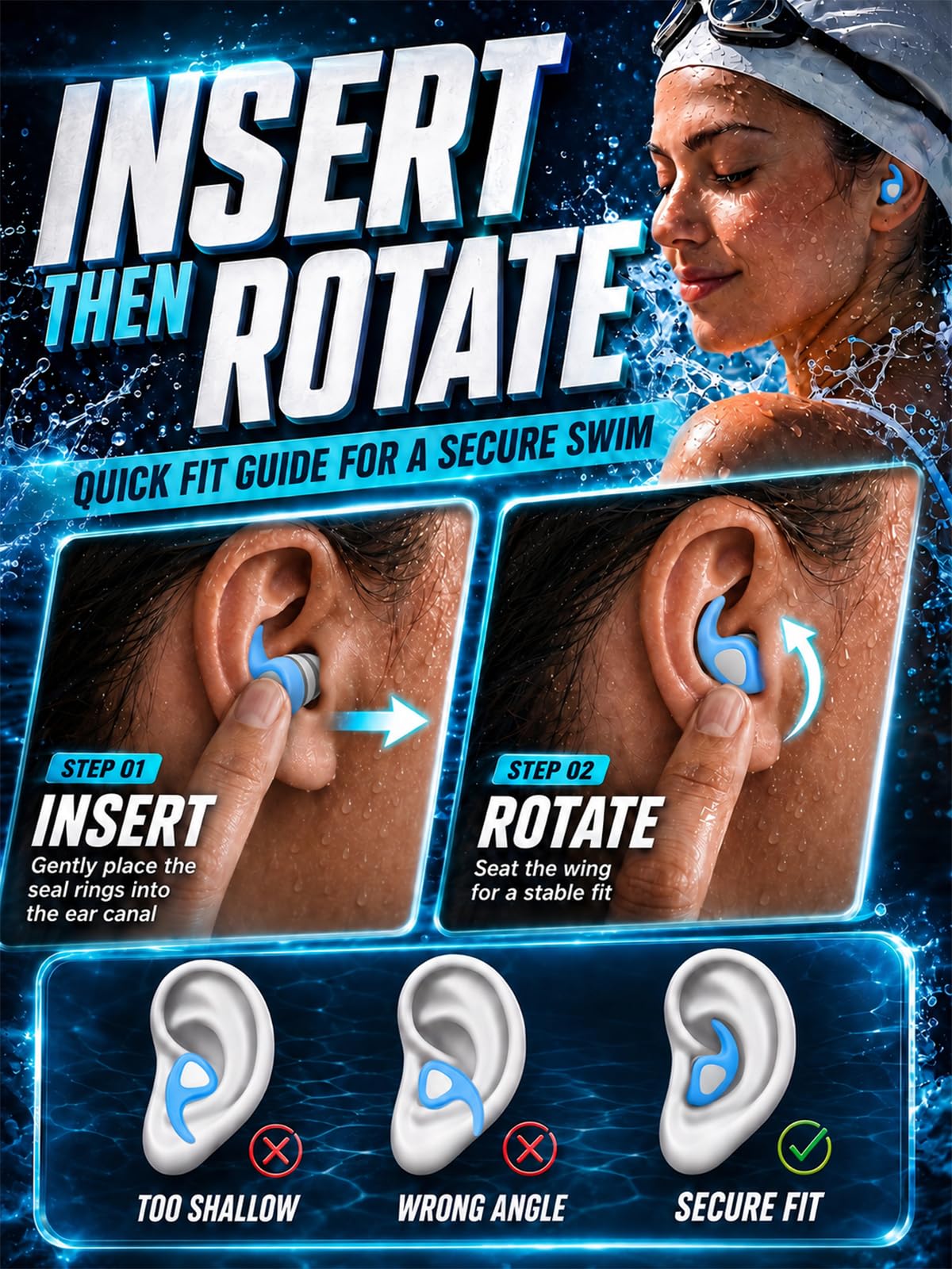 Swimming Ear Plugs, 3 Pairs Waterproof Reusable Silicone Swim Ear Plugs for Swimmers Pool Bath Showering Surfing Kayaking (Adults & Teens 14+)