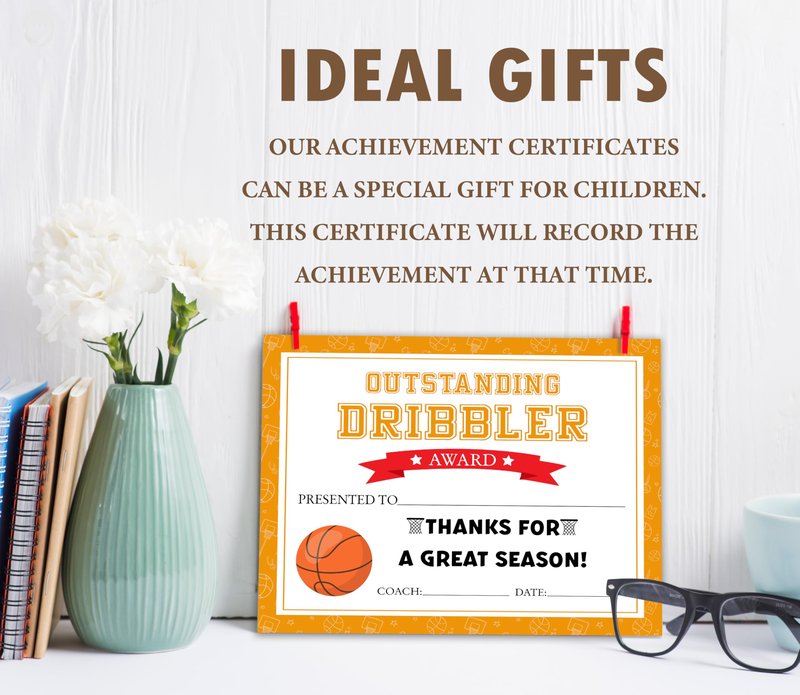 Certificate of Award, 25 Pcs Sports Achievement Certificates for Kids Students, Outstanding Dribbler Awards, Basketball Certificate Favors & Supplies -08