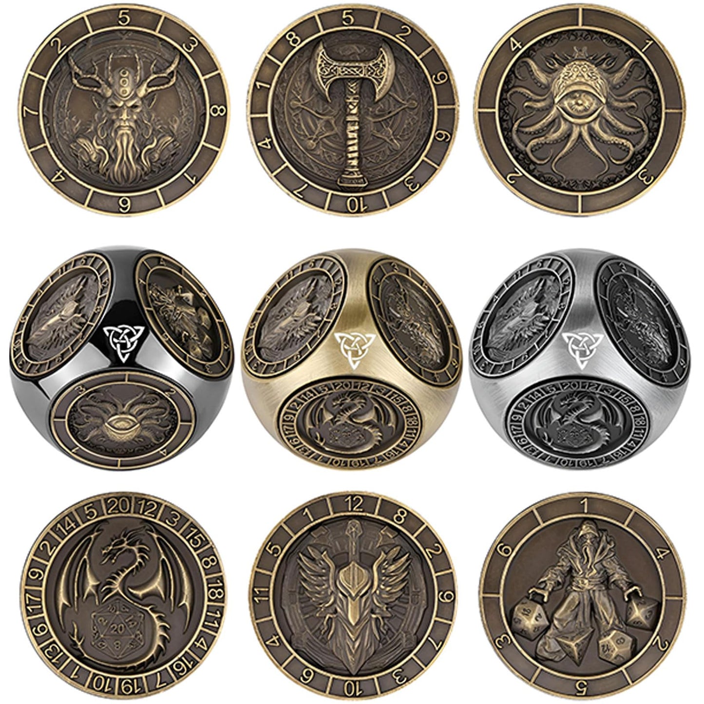 2025 New DND Spinner Dice for Dungeons and Dragons Gifts, 7-in-1 Metal Dice Set with 3D Relief, Polyhedral Roleplaying Game Dice, Fantasy D&D Tabletop RPG Accessories for DM & Player (Black-Gold)
