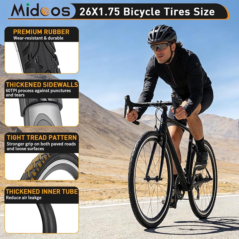 26x1.75 Inch Bicycle Tires Tubes Set – Folding, 2-Pack for 26” Road/Hybrid Bikes