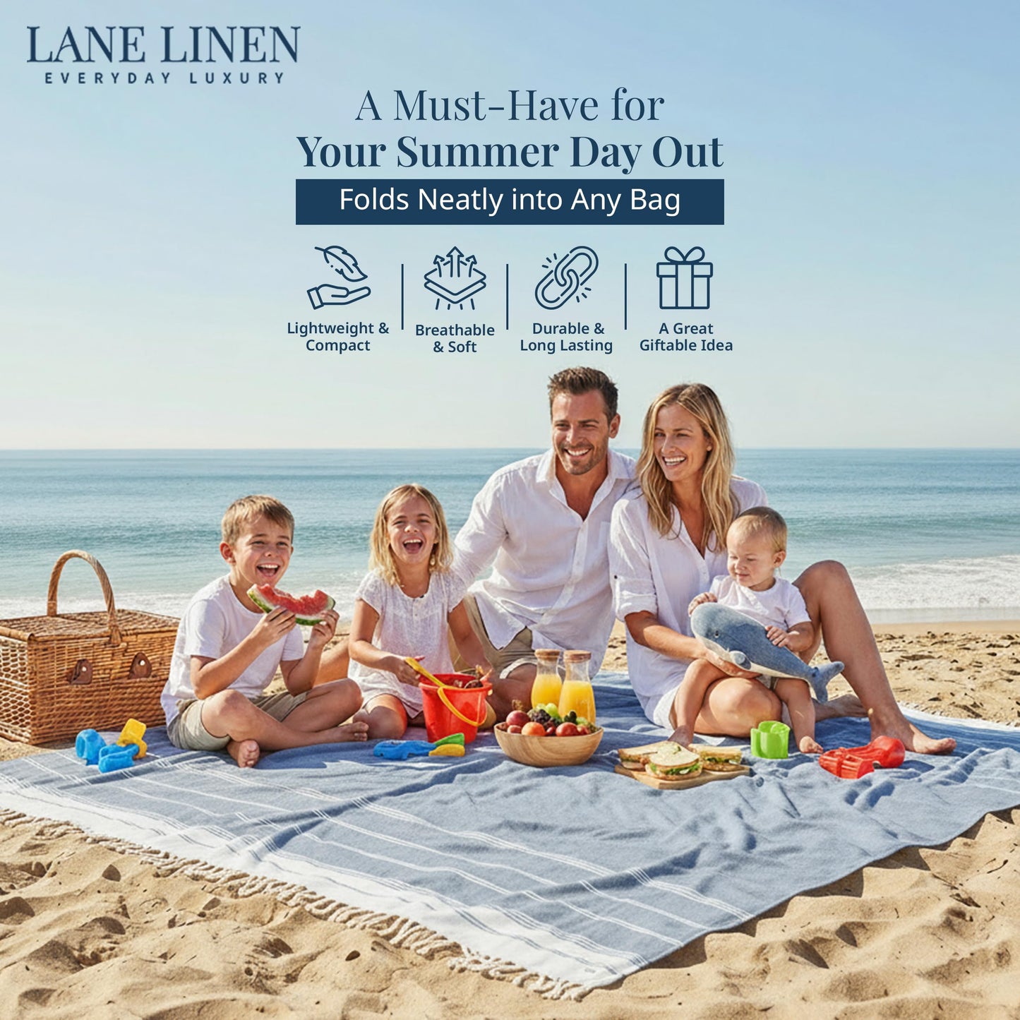 LANE LINEN Beach Blanket Sand Free, Soft & Large Beach Towel - Navy Blazer