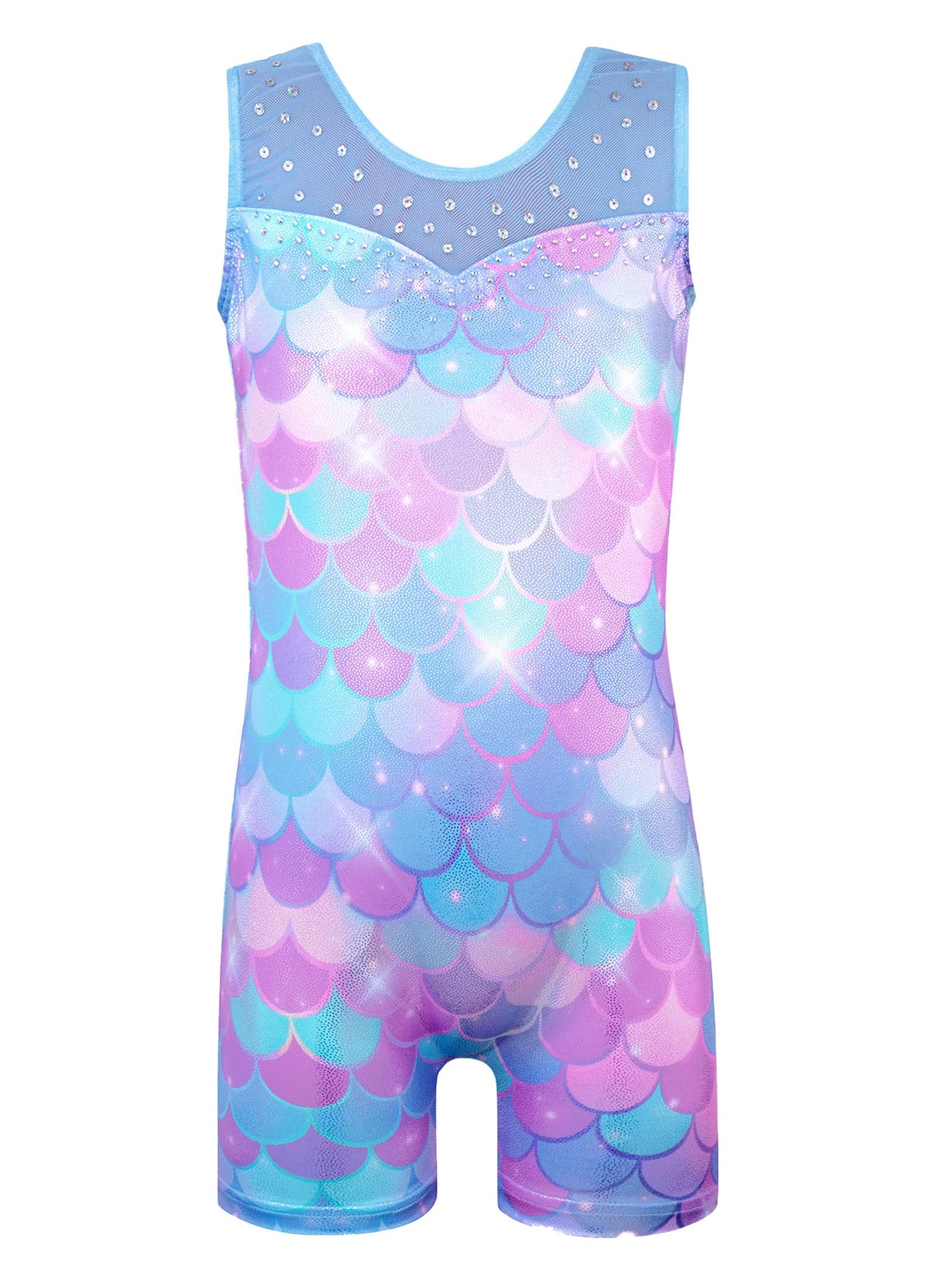 HOZIY leotards for girls gymnastics size 6-7 years Spliced Mesh Strap Tumbling Outfits Biketard Practice Blue Mermaid Rhienstone Sparkly ropa de gimnasia para niñas