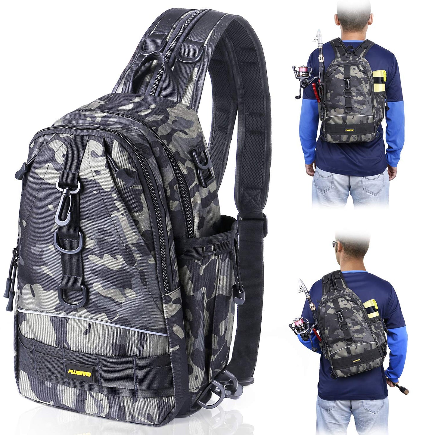 PLUSINNO Fishing Tackle Backpack Storage Bag，Outdoor Shoulder Backpack，Fishing Gear Bag，Water-Resistant Fishing Backpack with Rod Holder (Standard(14.6*8.7*5.5 inch)-Black CP)