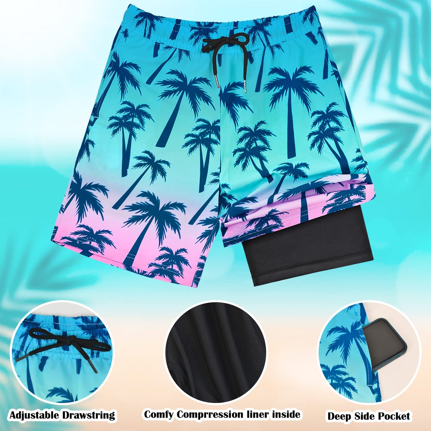 OlyPegic Boys Swim Trunks Size 10-12, Boy Swim Shorts Boy Bathing Suit Swimsuit Kids Swimwear Board Shorts with Boxer Brief Liner Compression Toddler Beach Running Swim Trunks (Coconut Tree)
