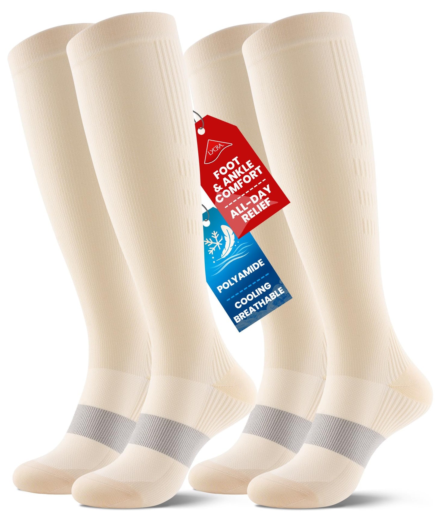 PULIOU Cooling Compression Socks for Women Men, 20-30 mmHg Circulation Knee High for Travel, Flying, Running, 2 Pairs(Beige,S-M