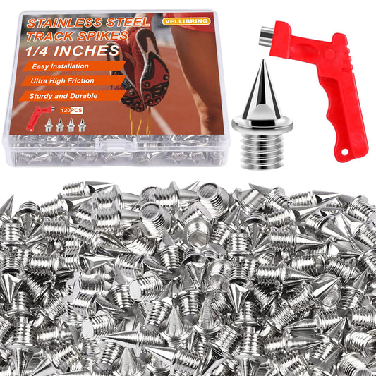 120Pcs 1/4 Inch Track Spikes, Stainless Steel Pyramid Shoe Spikes Track and Cross Country Spikes Golf Shoe Spikes with Spike Wrench Replacement Spikes for Sprint Sports Short Running Shoes