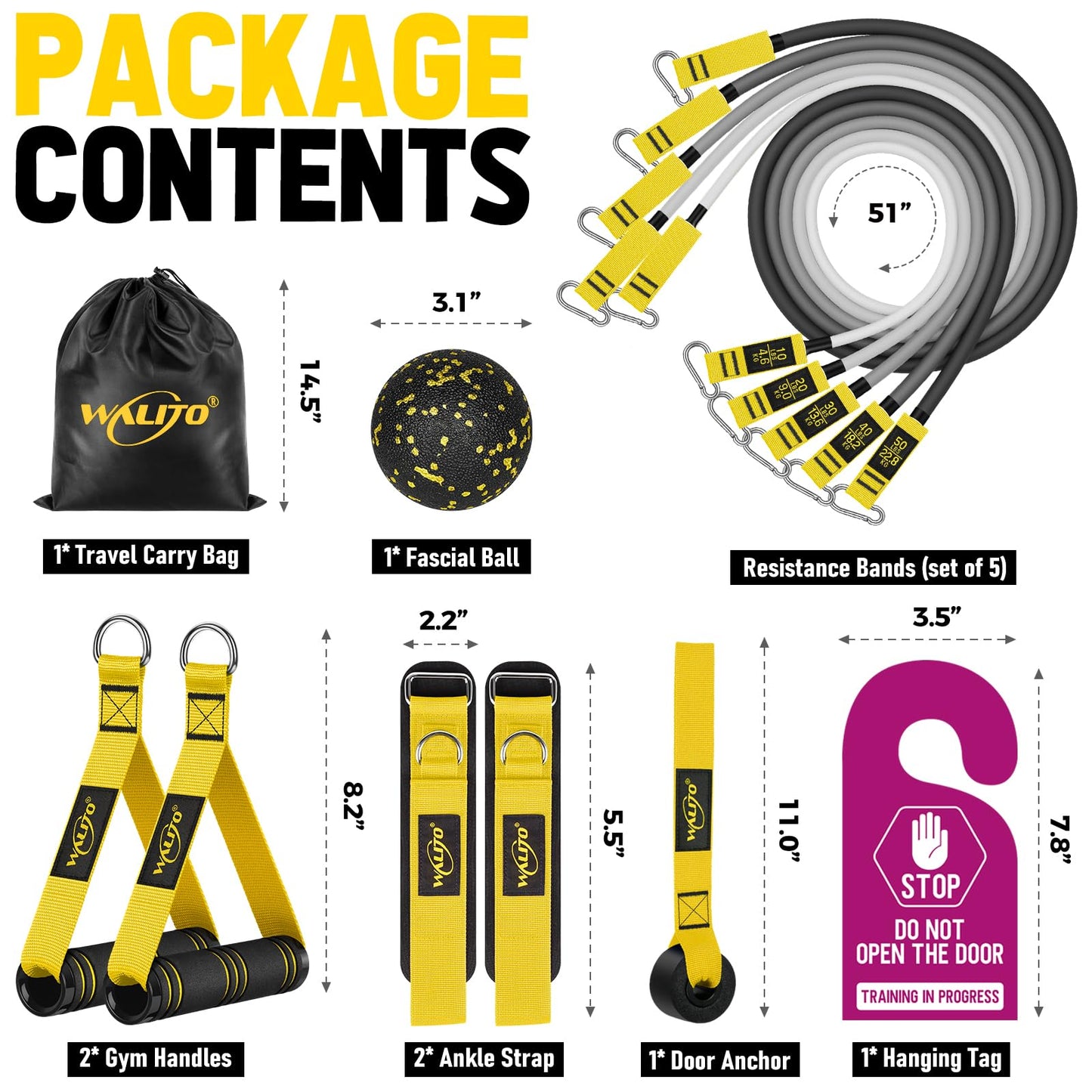 WALITO Resistance Bands Set - Exercise Bands with Handles, Door Anchor, Legs Ankle Straps, for Heavy Resistance Training, Physical Therapy, Muscle Training, Yoga, Home Workouts, Gym (Yellow 150Lbs)