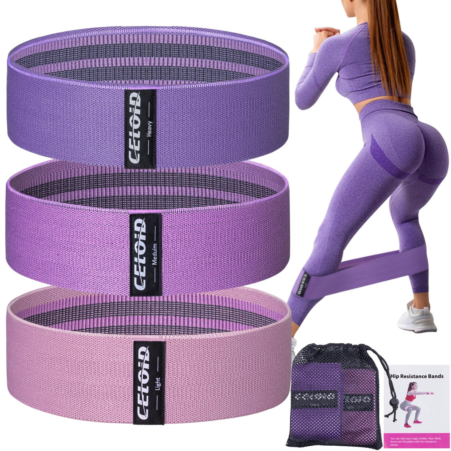 CELOID Resistance Bands Set,Exercise Bands with Non-Slip Design for Hips & Glutes,3 Levels Workout Bands for Women and Men,Booty Bands for Home Fitness,Yoga,Pilates,Purple Set