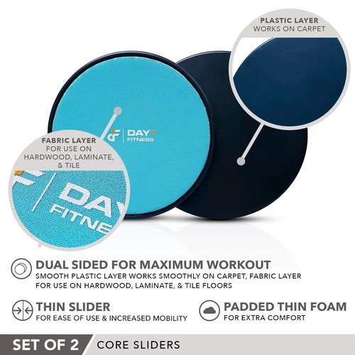 Core Sliders by Day 1 Fitness, Set of 2 Black/Mint, Dual Sided for Carpet and Hard Floors - Premium, Multipurpose Gliding Discs to Strengthen Abs, Lower Back - Portable Abdominal Equipment