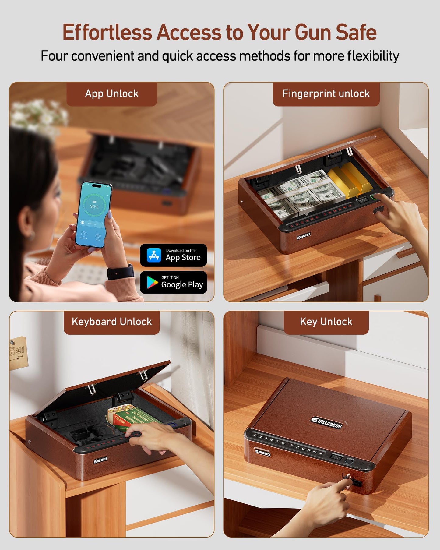 BILLCONCH Smart Gun Safe with Security Cable - Biometric Gun Safe for Handgun 4 Ways Quick Access with Fingerprint/Keypad/Key/APP Lock for Bedside Home Car with LCD/Voice Guide - Brown