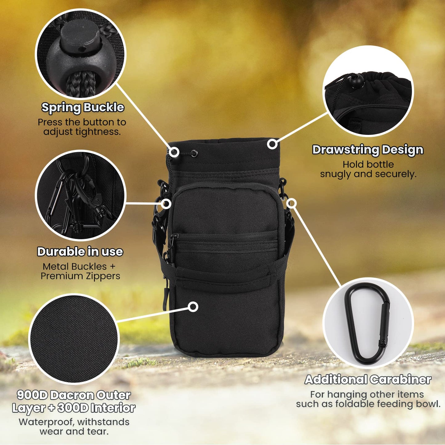 Nuovoware Water Bottle Carrier, 40oz Bottle Carrier Sports Water Bottle Holder with Adjustable Shoulder Strap, 2 Pockets Flask Sling Bag Drawstring Pouch for Climbing Hiking, Purple Starry Sky