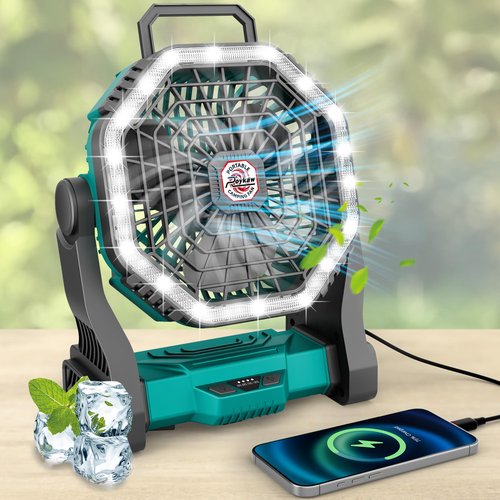 Roykaw Portable Fan for Travel, 10400 mAh Rechargeable Camping Fan, Cordless Battery Powered Fan with Led Light, with Handle, Hang Hook, Fishing, Green