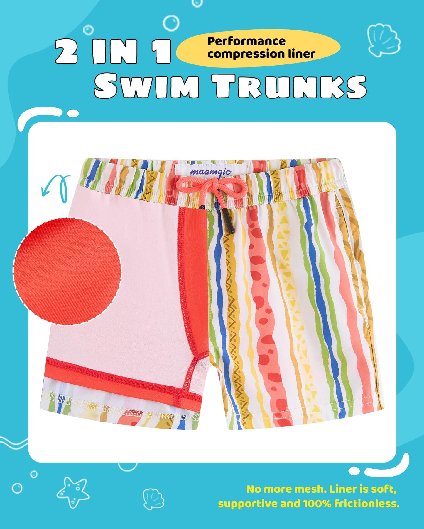 maamgic Boys Swim Trunks with Compression Liner Toddler Stretch Swim Shorts Quick Dry Swimming Trunks Boxer Brief 2 in 1 Beach Shorts Playful Stripes 4T