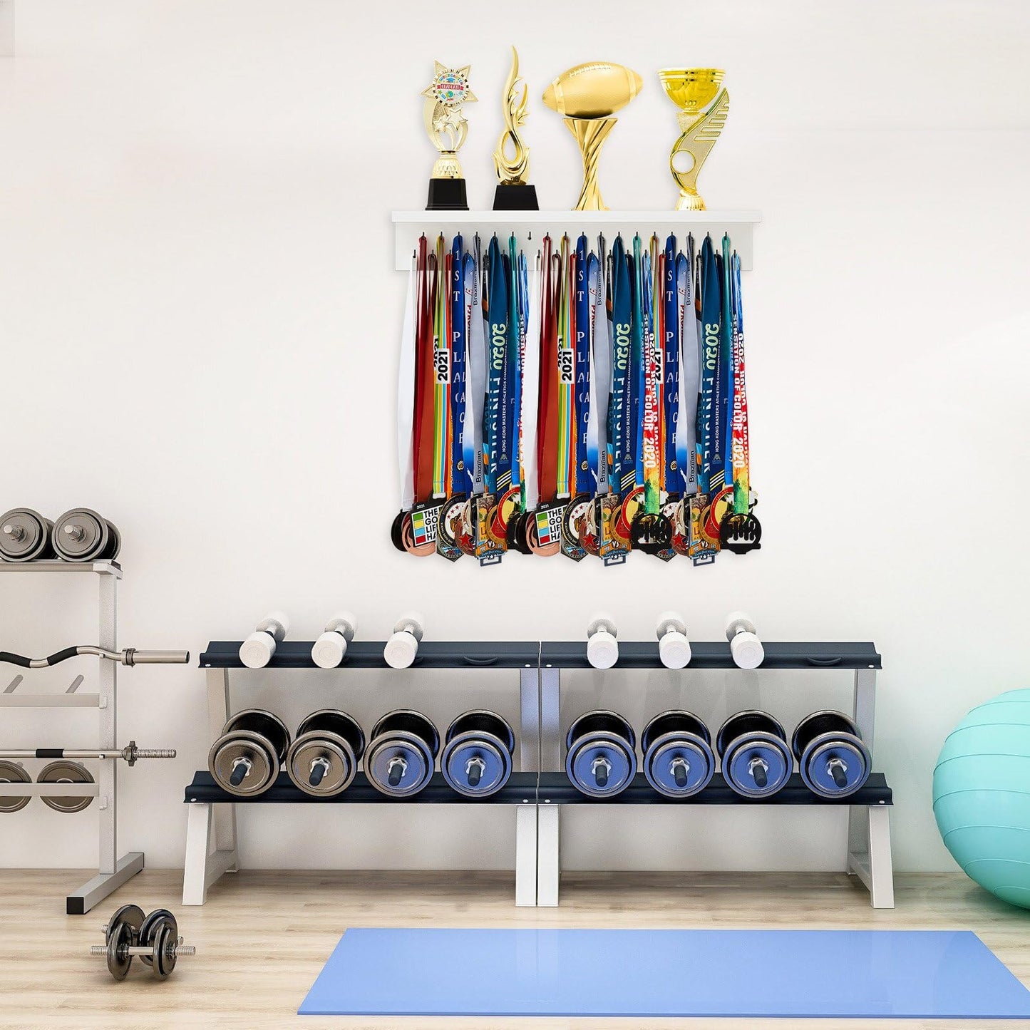 Threehoney Wooden Medal Hanger Display Trophy Holder Shelf with 25/37/49/65/83 Hooks Wall Mount Ribbon Holder Gift for Gymnastics Running Soccer Awards(2ft/24inch,White Shelf Black Hooks)