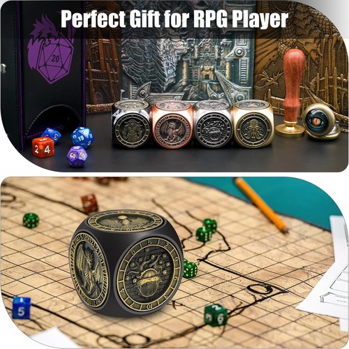 DND Spinner Dice, 7 in 1 Unique Metal Dice Set with 3D Relief for Dungeons and Dragons Gifts, Cool Polyhedral Role Playing Game Dice, Fantasy D&D Tabletop RPG Accessories for DM & Player (Black)