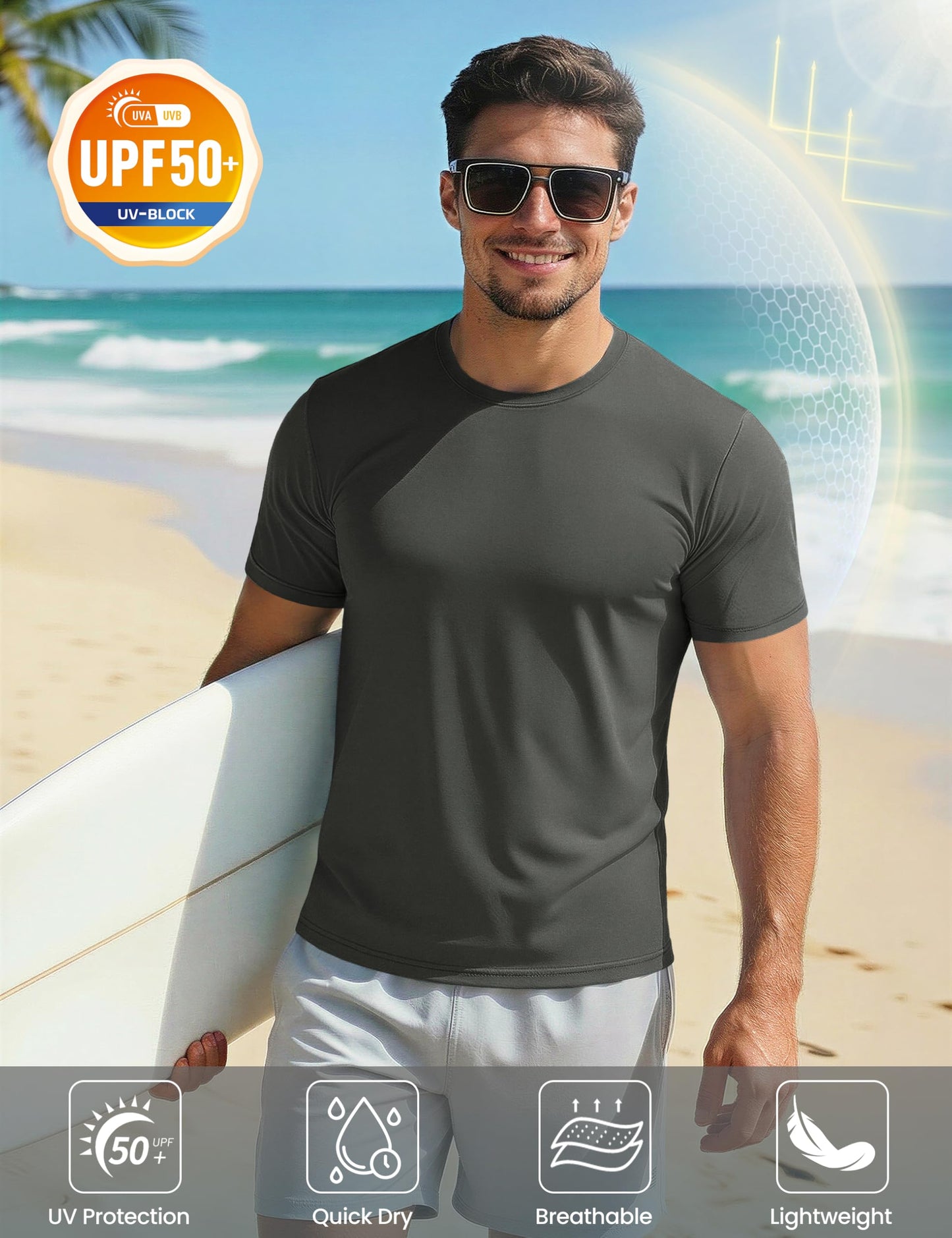 Tee Shirts Mens Short Sleeve T Shirts Lightweight Breathable Casual Shirts Dry Fit Swim Shirt UV Protection Beach Shirts Dark Grey